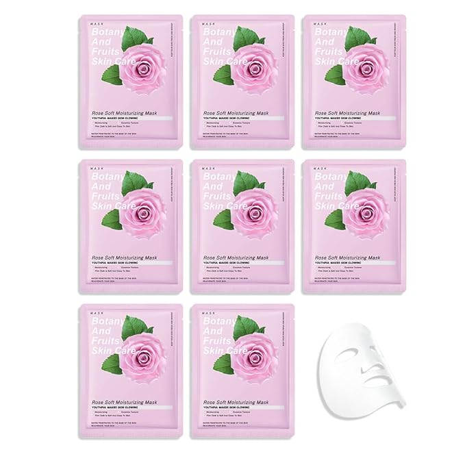 8 Pack Rose Face Mask,Pink Face Masks Spa Day kit Supplies for Teens Girls Women,Sheet Facial Mask Skincare for Kids Gifts Set,Hydrate Nourish Soothe for All Skin Types,Spa Party Favors