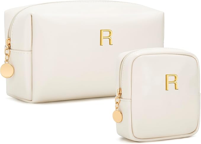 Personalized Christmas Gifts for Women - Initial Makeup Bag Birthday Gifts for Women Travel Toiletry Bag Cosmetic Bags with Soft PU Leather (Beige R)