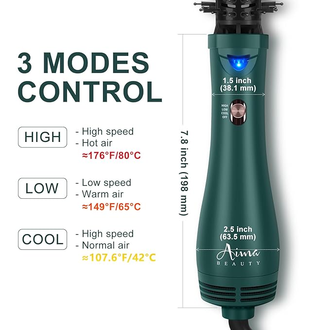 Aima Beauty Hair Dryer Brush, One Step Hair Dryer & Volumizing Hot Air Brush, 3 Heat/Speed Settings, Advanced Ionic Technology, Ceramic Coating, Nylon Pins & Tufted Bristles, Dark Green, 1000W, 125V