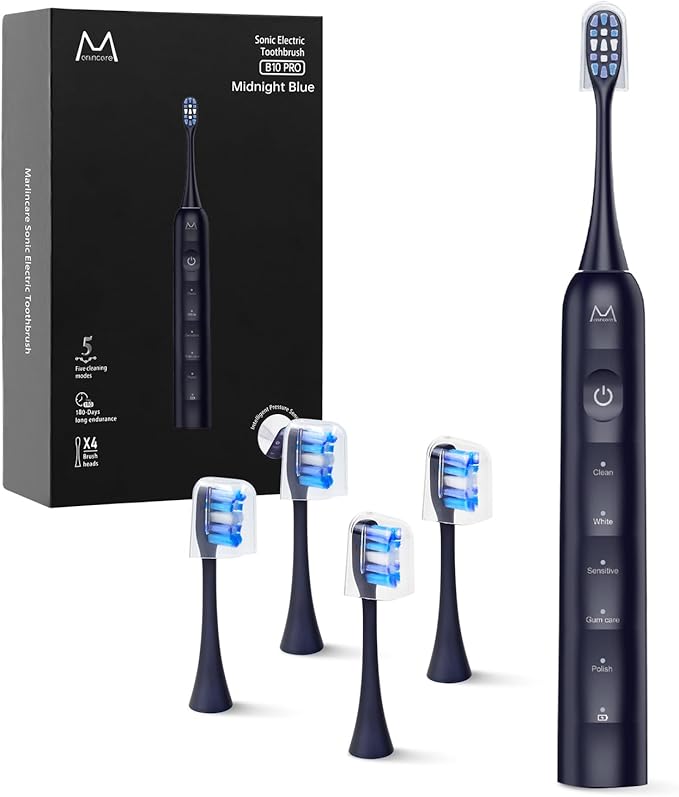 Electric Toothbrush, Marlincare Electric Toothbrush for Adults 180 Days Battery Life Rechargeable with 5 Modes, 48000VPM Motor Smart Timer IPX8, Sonic Toothbrush with 4 Brush Heads &Travel Case, Black