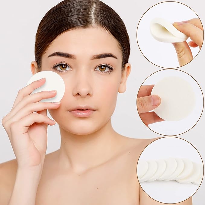 50 Pieces White Round Makeup Sponge Facial Powder Puff Cosmetic Sponge Round Foam Pad Beauty Makeup Eye Face Foundation Powder Blender for All Skin Types, Wet and Dry Dual Use