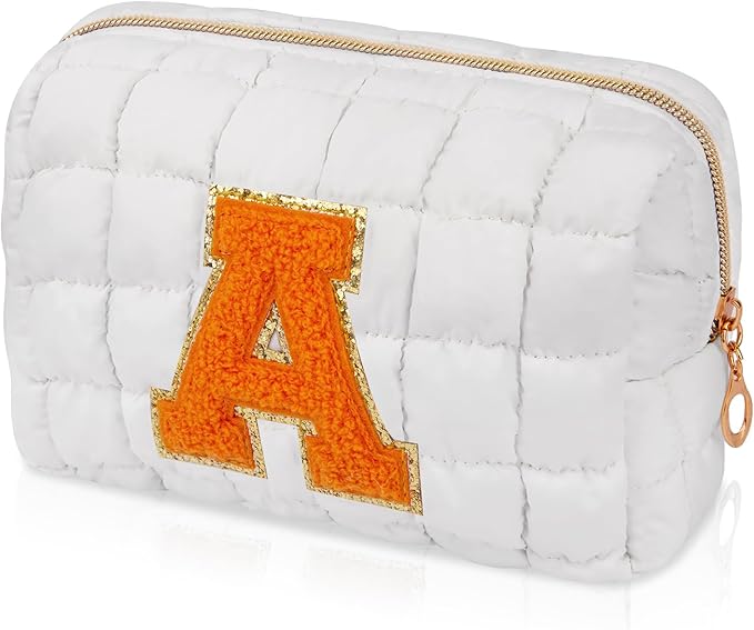 Initial Checkered Makeup Bag, Large Quilted Cosmetic Bag, Cute Make up Pouch for Purse, Travel Toiletry Storage Bag for Women Preppy Teen Girls Gift Trendy Stuff Gift (White A)