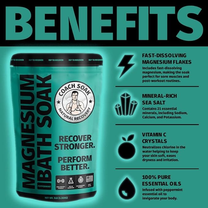 Coach Soak Recovery Bath Soak - Alternative to Epsom Salt Bath Soak - Fast-Absorbing Pure Magnesium Flakes & Dead Sea Salt with 21 Minerals, Bath Salts & Essential Oils - 3 lb, Cooling Peppermint