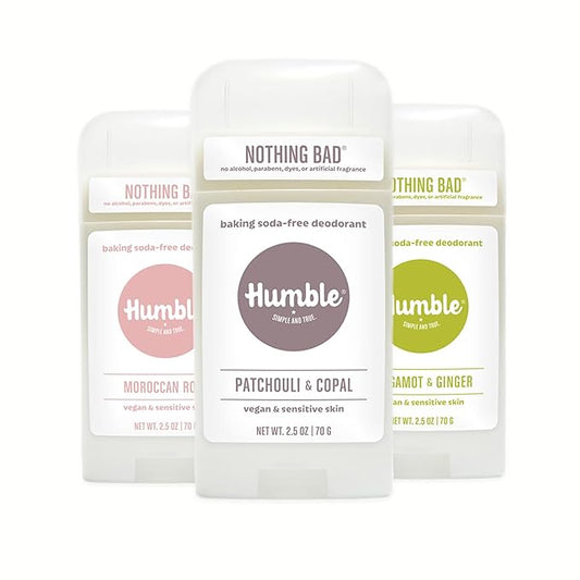 HUMBLE BRANDS Aluminum-Free Deodorant, Vegan and Cruelty- free, Formulated for Sensitive Skin, Patchouli Copal, Bergamot Ginger, Moroccan Rose, 2.5 Ounce (Pack of 3)