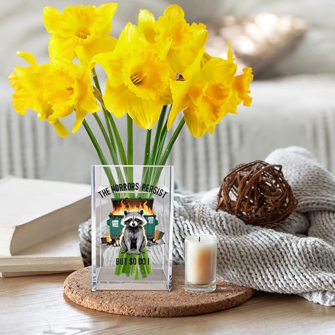 The Horrors Persist But So Do I Acrylic Cosmetic Pencil Pen Holder Cup, Emotional Dumpster Fire Pencil Pen Holder Cup, Raccoon Lover Gifts for Women Men, Mental Health Gifts for Women Colleague