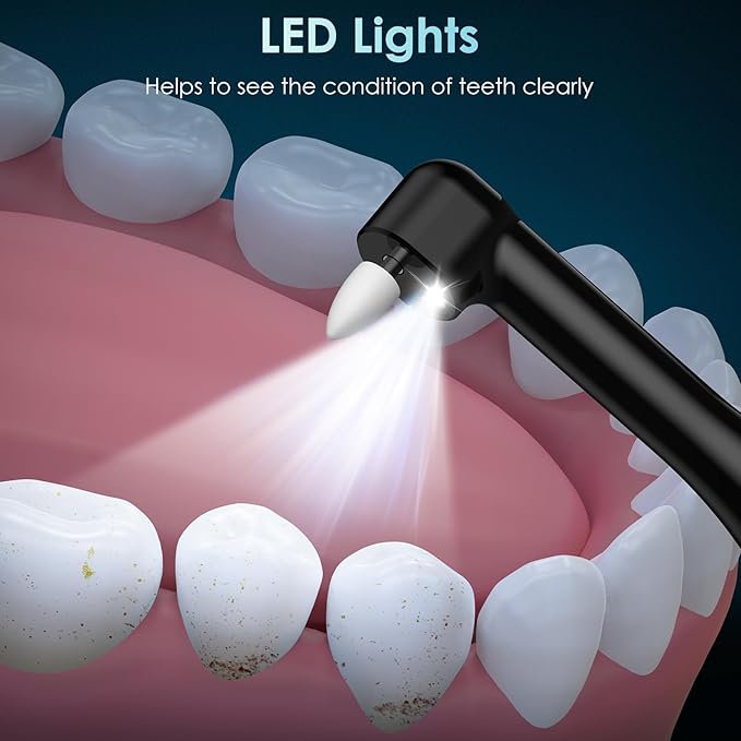 Tooth Polisher, Rechargeable Teeth Polisher with 5 Brush Heads, 4 Speed Modes, Tooth Whitening for Cleaning and Polishing, LED Light, 3 Polish Pastes, IPX6 Waterproof Teeth Cleaning Tools, Black