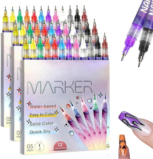 12 Color Nail Art Pens, 2026 New 0.5 MM Nail Polish Pens Set Drawing Painting Point Liner Acrylic Painted Pen Kit, Waterproof and Quick-drying Nail for DIY Nails Art Design ((3 set) 12 Color)