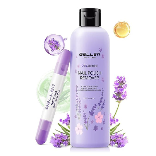 Gellen Nail Polish Remover Set Lavender Scent – Formula with Aloe & Vitamin E, Includes Precision Corrector Pen & 3 Replacement Tips, Acetone-Free & Non-Drying for Regular Nail Polishes