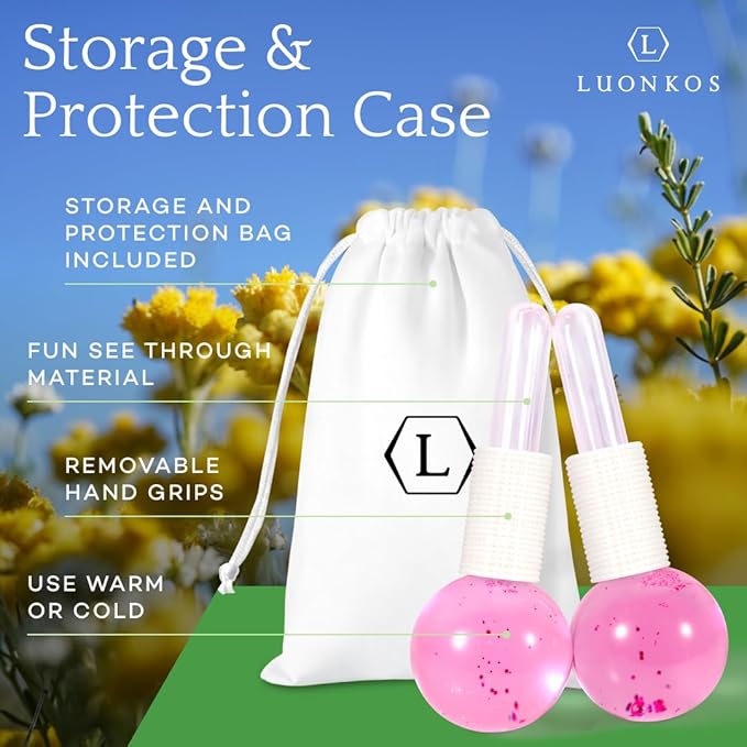 LUONKOS Ice Globes for Face - Pink, Set of 2 - Reusable Glass Gua Sha Facial Tools & Lymphatic Drainage Massager - Skincare Tools for Puffiness & Dark Circles