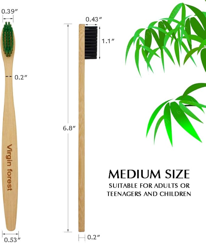 Virgin Forest Bamboo Toothbrush, Biodegradable Toothbrush, Eco Friendly Natural Wooden Toothbrushes, Vegan Organic Bamboo Charcoal Tooth Brush for Sensitive Gums Medium Bristle Set of 8 Color