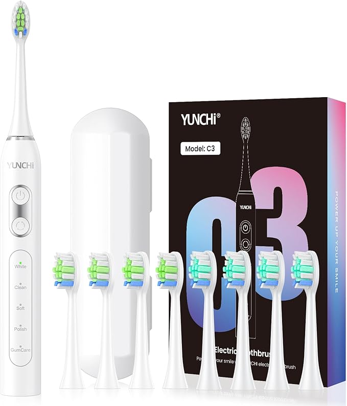 YUNCHI Sonic Electric Toothbrush for Adults Teens, Rechargeable Battery Toothbrush with 8 Brush Heads, 90 Days, 44000 VPM Powerful Motor, 5 Models & 2 Minutes Built in Smart Timer, Travel Case,White