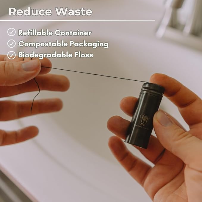 Vegan Biodegradable Bamboo Charcoal Dental Floss with Refillable Black Stainless Steel Container | 30M x2 | Extra Floss| Natural Candelilla Wax | Peppermint | Zero Waste Oral Care