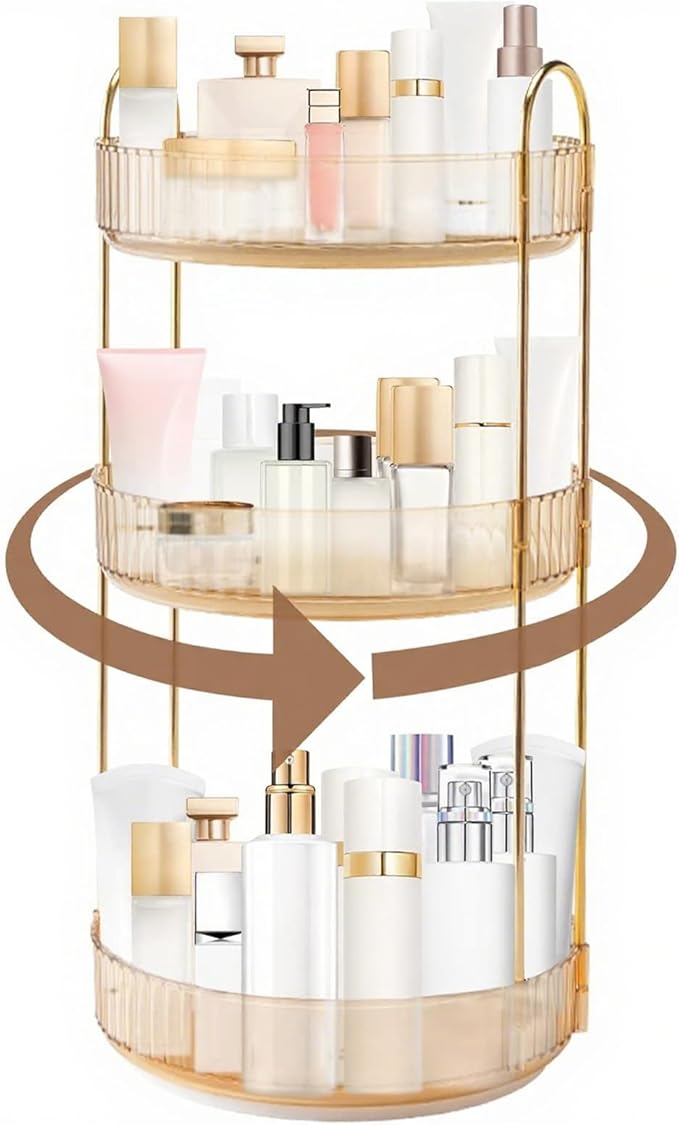 360 Rotating Makeup Organizer, Yellow, Unisex, 3 Tier Countertop Storage, Fits Cosmetics, Perfume, Skincare, Lipsticks