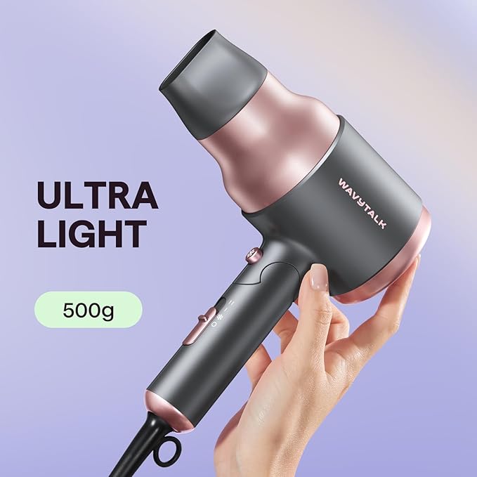 Wavytalk Portable Hair Dryer with Diffuser, Foldable Mini Hair Dryer with Lightweight Design, 1600W Small Hair Blow Dryer with Diffuser for Curly Hair Fast Drying, Rose Pink
