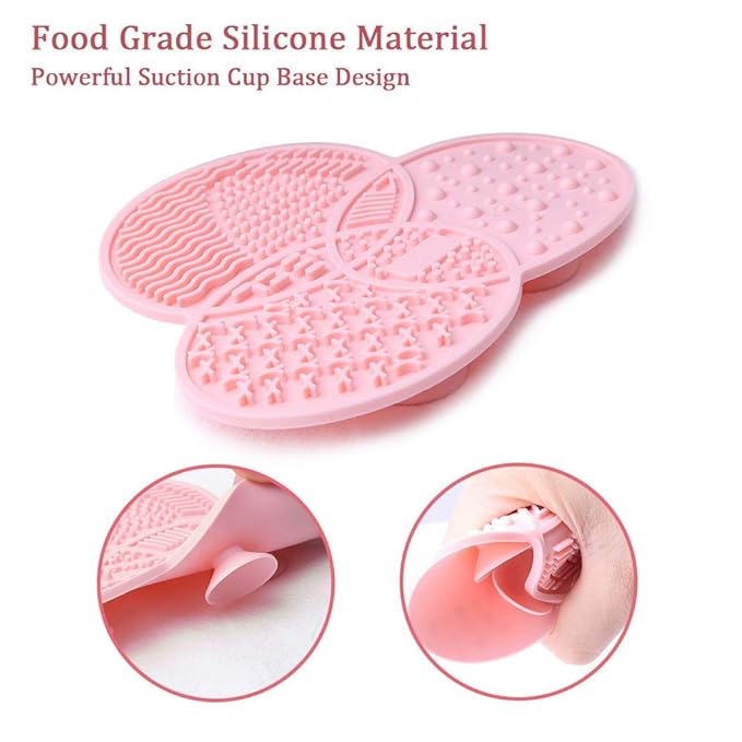Makeup Brush Cleaning Mat & Drying Rack - 28 Holes Brush Holder, Silicone Rubber Clover Shaped Mat Cleaner - Black & Pink