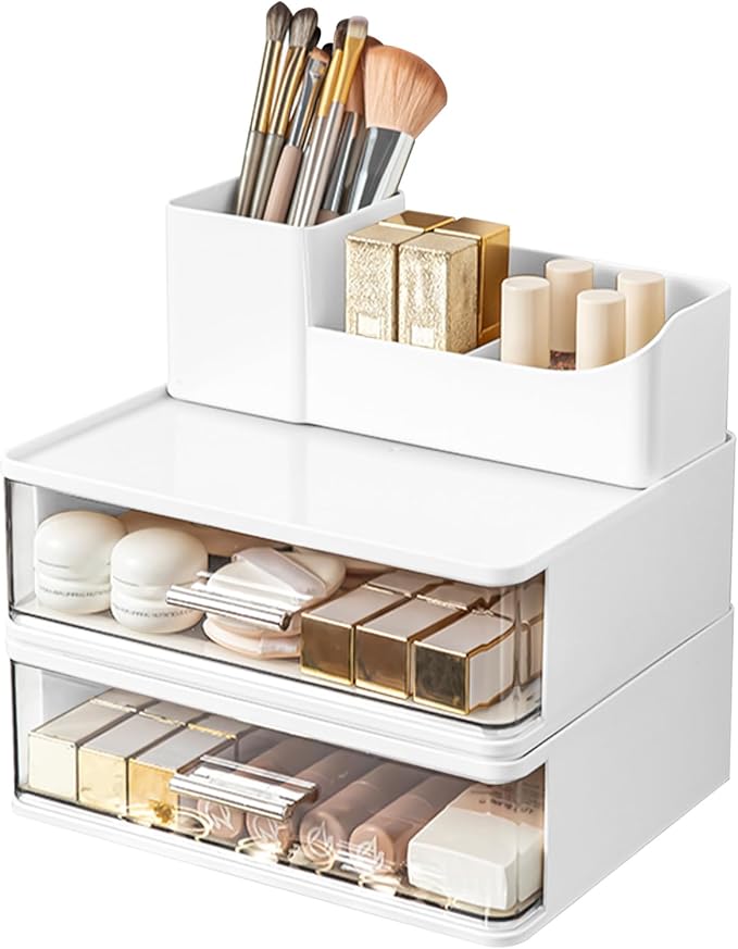 DASITON Makeup Organizer for Vanity with 2 Drawers, Stackable Cosmetic Organizer with Makeup Brush Holder, Plastic Bathroom Organizer Skincare Storage for Brushes, Eyeshadow, Lotions, Lipstick (White)