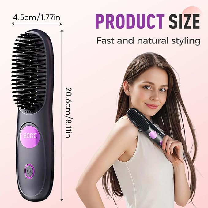 Go Brush Pro, Cordless Hair Straightener Brush, Portable Mini Hair Straightening Brush with 3 Temperature Settings & LED Display, USB Rechargeable Fast Heating Hairs Brush for Travel (Black)