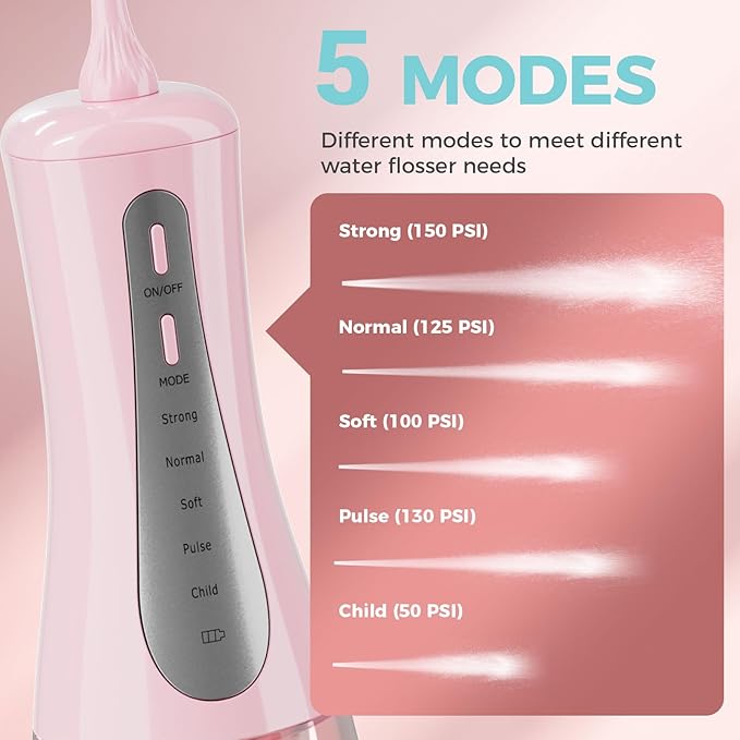 350ML Water Dental Flosser Teeth Pick with Travel Bag, 5 Modes Portable Cordless Oral Irrigator Cleaner, Electric Rechargeable IPX7 Waterproof for Home Travel Teeth Cleaning flossing (Pink)