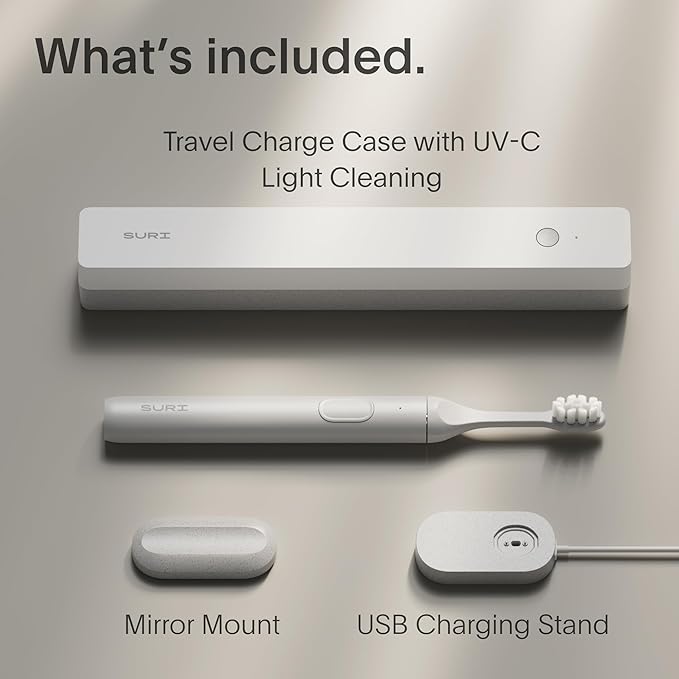 SURI 1.0 Sonic Electric Toothbrush with UV Cleaning Travel Case | 1 Month+ Battery | Designed in California | Electric Toothbrush for Adults | Travel Toothbrushes | Tooth Brush | White