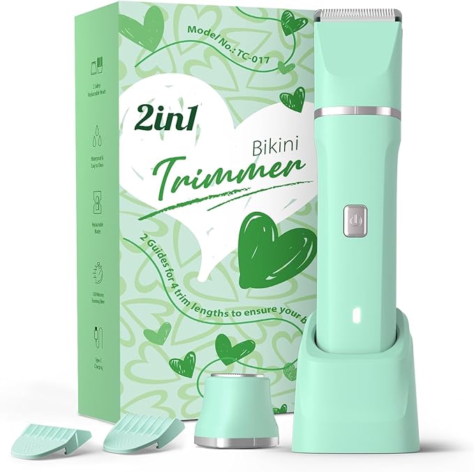 Pubic Hair Trimmer Women for Bikini Area & Body - Electric Razor Shaver with Ceramic Blade, Detachable Head, Waterproof IPX7, Battery Indicator, Fast Charging, Wet/Dry Groomer Set - Green