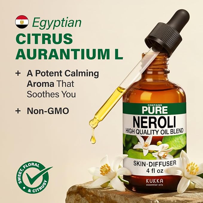 KUKKA Neroli Essential Oils - 4 Fl Oz - for Hair, Skin, Diffuser, Aromatherapy & DIY Soap Making Scent