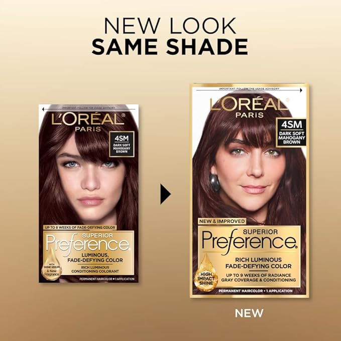 L'Oreal Paris Superior Preference Luminous Fade-Defying Permanent Hair Color, Hair Dye For Up to 9 Weeks of Radiance, Dark Soft Mahogany Brown 4SM, 1 Hair Dye Kit