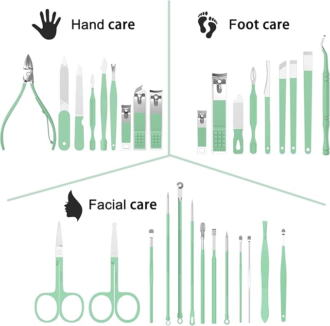Manicure Set Personal Care, Nail Clipper Kit, Professional Nail Clipper Pedicure Set, Nail Tools with Luxurious Travel Case, Gifts for Men Women Family Friend, 31 Pieces (Green)