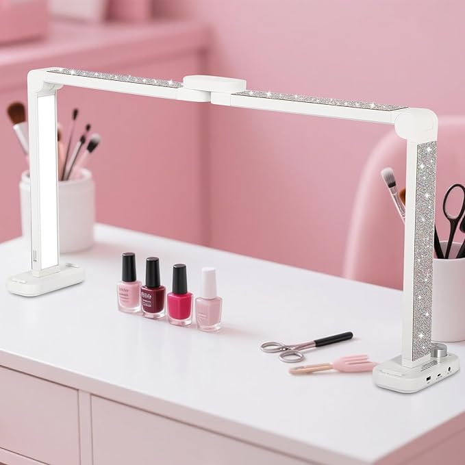 34in Half Moon Light for Nail Desk, Foldable LED Lamp for Nail Art, Tattooing, Craft Making, Stepless Dimming, 3000-6000K Color Temperature Adjustment, 456 Light Beads, White with Diamond