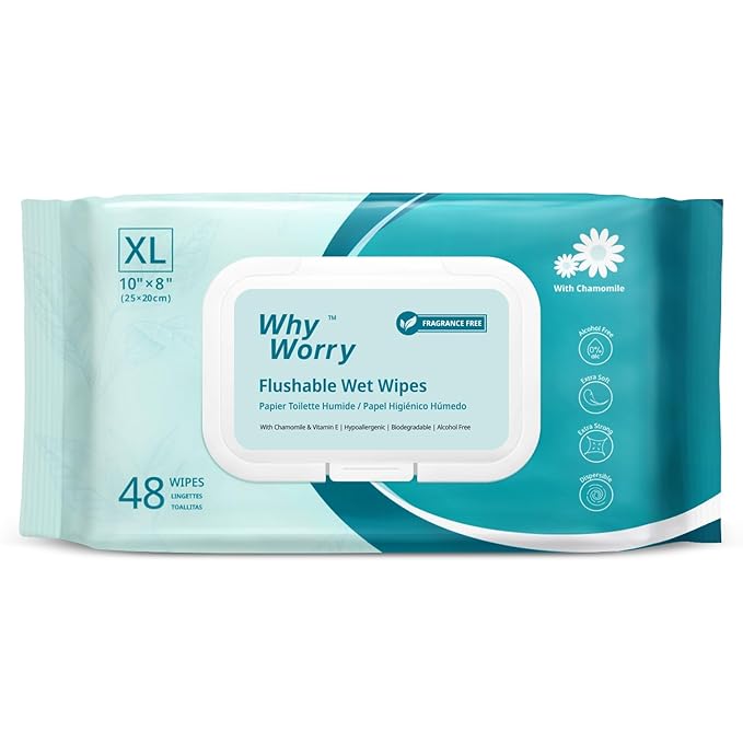 WhyWorry Flushable Wipes for Adults, Extra Large 8"x10" Butt Wipes for Personal Hygiene & Cleansing, with Chamomile and Vitamin E, 100% Plant-Based, Septic & Sewer Safe, Unscented, 48 Count
