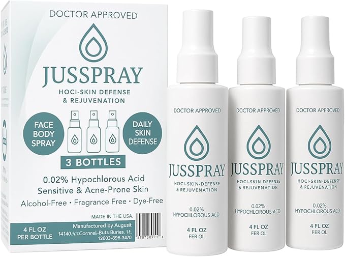 JusSpray™ Hypochlorous Acid (HOCl) Spray – Doctor Approved Skin Defense Mist 4 oz – Face & Body Toner for Sensitive, Acne & Eczema-Prone Skin, Redness Relief & Piercing Aftercare (3-Pack)