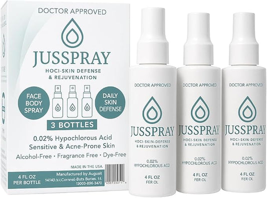 JusSpray™ Hypochlorous Acid (HOCl) Spray – Doctor Approved Skin Defense Mist 4 oz – Face & Body Toner for Sensitive, Acne & Eczema-Prone Skin, Redness Relief & Piercing Aftercare (3-Pack)