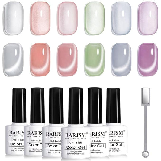 RARJSM Moonlight Cat Eye Gel Nail Polish Set 6 Pcs Smoothie Ceramic Glitter Shimmer Grape Purple Silver White Blue Green Pink Velvet Mirror Cateye Gel Polish with Magnetic Stick UV LED Curing Require