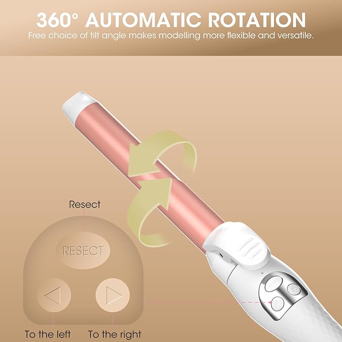 Rotating Automatic Curling Iron for Waves-Curling Wand for Long Hair, Extra Long Barrel Ceramic Hair Curler for Women,Dual Voltage, 5 Temps & 30s Heat-up (Rose Gold, 1 inch)