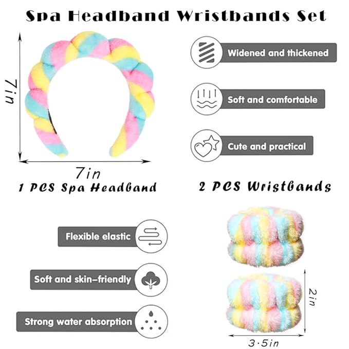 Spa Headbands for Washing Face Wristband Set Sponge Makeup Skincare Headband Wrist Towels Bubble Soft Terry Towel Cloth Hairband for Women Puffy Headwear Non Slip Thick Thin Hair