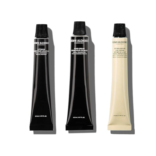 Grown Alchemist On-The-Go Essentials Kit. Restorative Hand Cream (20ml), Hydra Restore Day Cream (12ml), Hydra Retore Lip Balm (12ml)