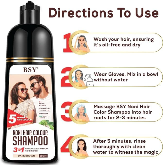 BSY Noni Hair color shampoo - 6 fl oz - Pump Pack | No Ammonia | 3 in 1 - Hair Dye Shampoo, conditioner for women | Noni Fruit Hair Dye for Men | 5 Minutes Hair Color (Dark Brown)