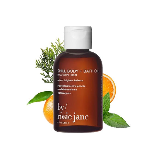 By Rosie Jane Chill Bath & Body Oil - Nourishing Body & Bath Oil to Leave Skin Soft, Smooth & Glowing - Enriched with Peppermint, Mandarin & Cypress - Brightens and Boosts Collagen (125ml)