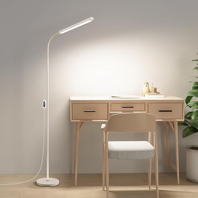 White LED Reading Floor Lamp, Bright 12W Dimmable Standing Light, Adjustable Gooseneck,3 Color Temperatures 5 Gears Brightness, Living Room Bedroom office Library Work makeup tattoo lash Desk Lamp