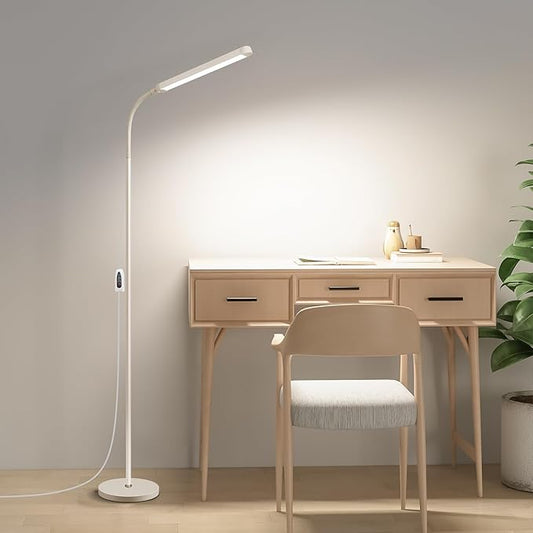 White LED Reading Floor Lamp, Bright 12W Dimmable Standing Light, Adjustable Gooseneck,3 Color Temperatures 5 Gears Brightness, Living Room Bedroom office Library Work makeup tattoo lash Desk Lamp