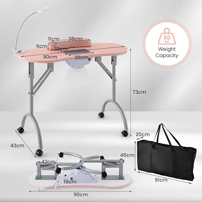 S AFSTAR Portable Nail Table, 35" Foldable Manicure Table with Electric Dust Collector, Bendable LED Lamp, Carry Bag & 4 Lockable Wheels, Professional Nail Desk Nails Salon Station (Pink)