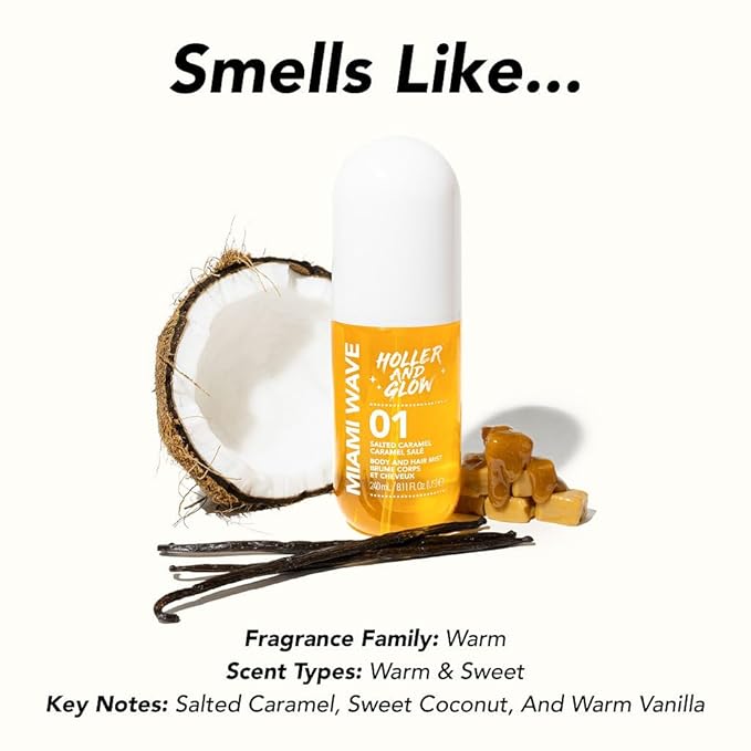 Holler and Glow Miami Wave Salted Caramel Body & Hair Mist, Body Spray For Women, Hair Perfume, Fragrance, Sweet Coconut, Vanilla Scented, Warm & Sweet Fragrance Notes, 8.11 Fl Oz