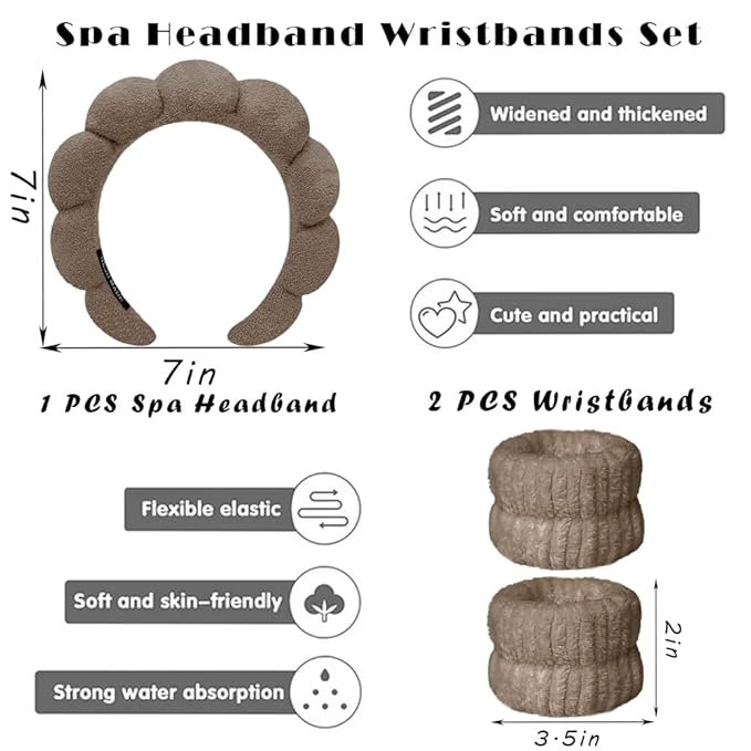 Spa Headbands for Washing Face Wristband Set Sponge Makeup Skincare Headband Wrist Towels Bubble Soft Terry Towel Cloth Hairband for Women Puffy Headwear Non Slip Thick Thin Hair Headwear (Brown)