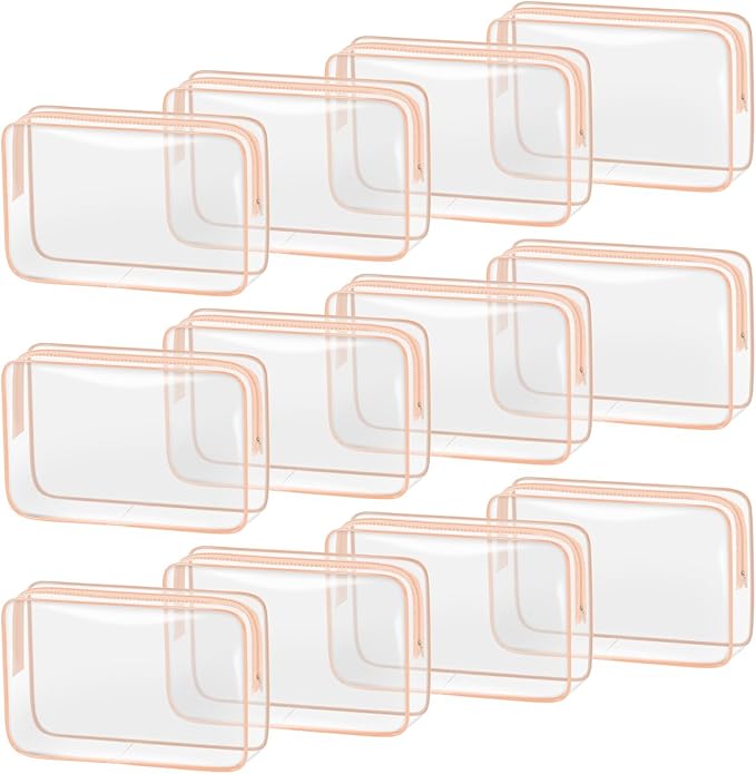 TISRATOK 12 PCS Clear Makeup Bag for Women with Zipper, TSA Approved Toiletry Pouch, Cosmetic Bag Bulk for Travel Organizer Essentials - Orange-pink, Large
