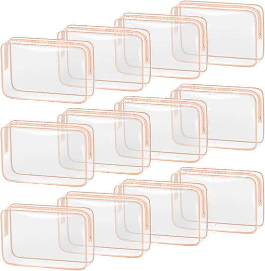 TISRATOK 12 PCS Clear Makeup Bag for Women with Zipper, TSA Approved Toiletry Pouch, Cosmetic Bag Bulk for Travel Organizer Essentials - Orange-pink, Large