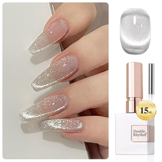 Double Rhythm 0.5 OZ Cat Eye Gel Polish with Magnet 15ML Holographic Glitter Shimmer Translucent Jelly Color Magnetic Polish Salon DIY at Home (Silver-MC1019)
