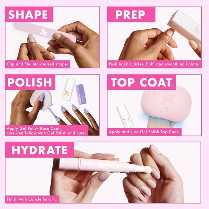 Olive & June Bestsellers Gel Polish Set | UV LED Nail Lamp Needed | Includes 6 Shades (HD, KMC, Pink Goldfish, Icing Is The Best Part, Prom, XOXO) + Gel Top Coat & Base Coat & Peel-Off Base HEMA-Free