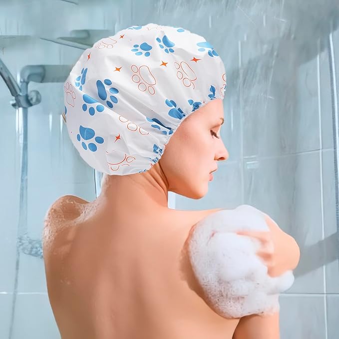 6 PCS Shower Caps for Women, Double Side Waterproof Shower Cap, Reusable Elastic Bath Caps for Shower, EVA Bathing Shower Caps, Bath Hair Caps - Paw