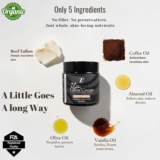ZF 100% Grass Fed Beef Tallow for Skin Care - Face + Body - Natural Organic Lotion - Whipped Moisturizer for Sensitive Skin 4 FL. oz. (Coffee Vanilla)