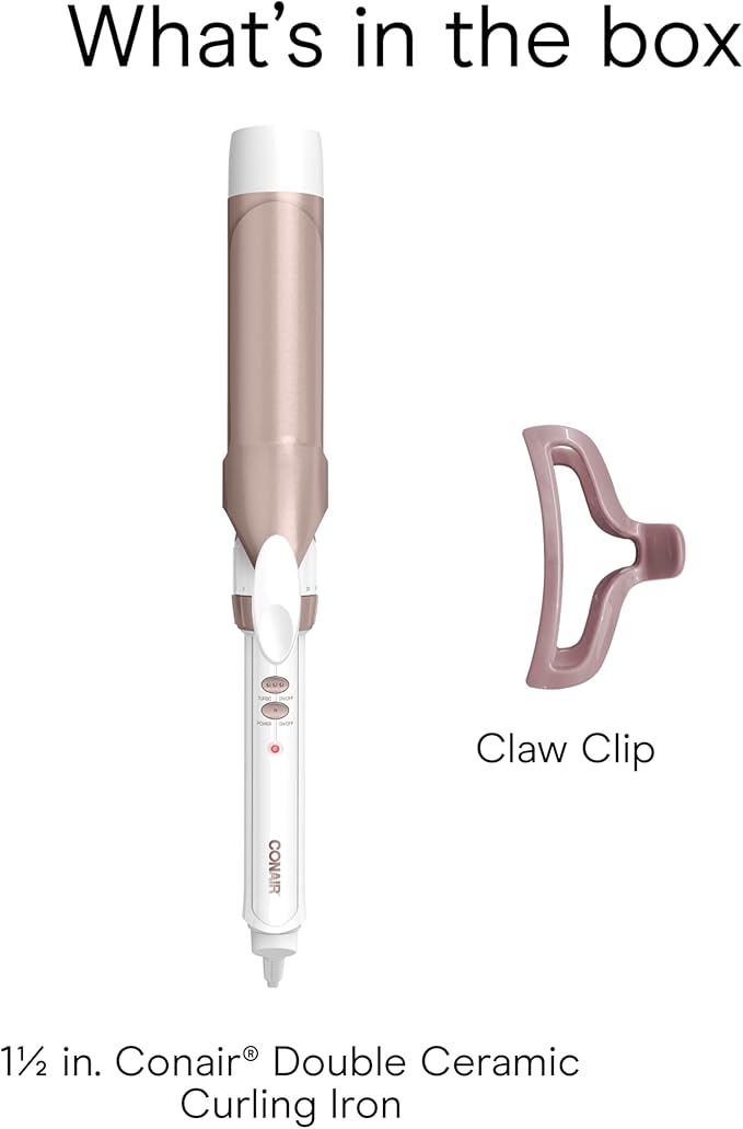 Conair Double Ceramic 1 ½-Inch Curling Iron with Claw Clip, 1.5-Inch Barrel Creates Soft Waves, Hair Waver for Use on Medium and Long Hair, White