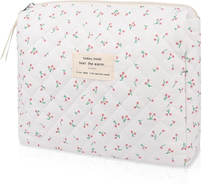 Floral Makeup Bag, Small Cosmetic Bag for Women Girls, Cute Cotton Makeup Bag, Quilted Makeup Bags, Flower Travel Toiletry Organizer Bag(White Cherry)